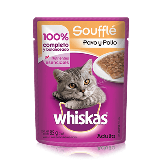 Imagen de Alimento para gato sabor soufflé Pavo y pollo Whiskas Paquete 8 sobres 85g c/u