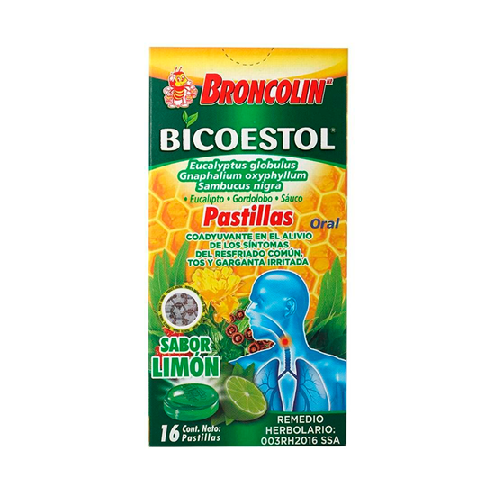 Imagen de Broncolín Bicoestol pastillas de eucalipto, gordolobo y saúco, sabor limón caja con 16 pzas.