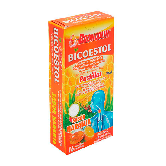 Imagen de Broncolín Bicoestol pastillas de eucalipto, gordolobo y saúco, sabor naranja caja con 16 pzas.
