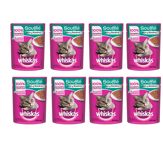 Imagen de Alimento para gato sabor soufflé atún y sardina Whiskas paquete 8 sobres 85g c/u