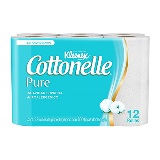 Imagen de Papel higiénico Kleenex Cottonelle Pure 12 rollos con 180 hojas dobles c/u