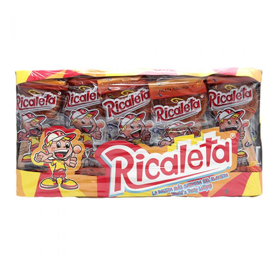 Imagen de Paleta de chilito agridulce en polvo sabor tamarindo cubierta de caramelo Ricaleta 25 pzas de 25g c/u (625g)