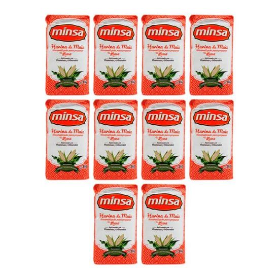 Imagen de Harina de maíz blanco nixtamalizado para preparar masa sin gluten Minsa caja con 10 pzas de 1kg c/u
