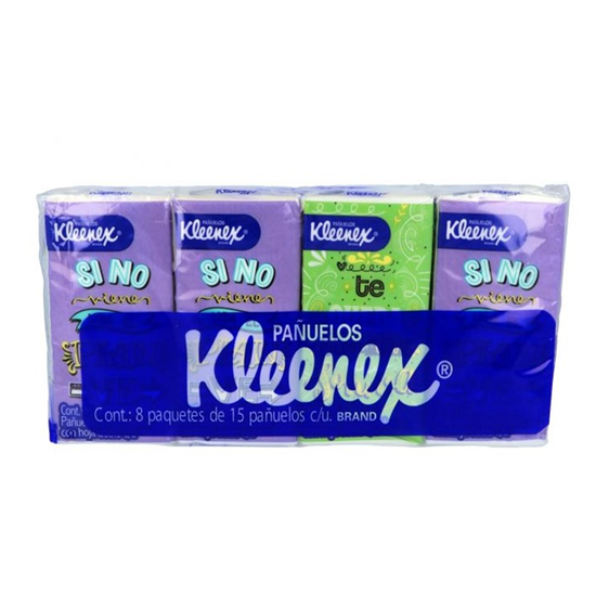Imagen de Pañuelos desechables Kleenex de bolsillo 8 paquetes con 15 pzas c/u