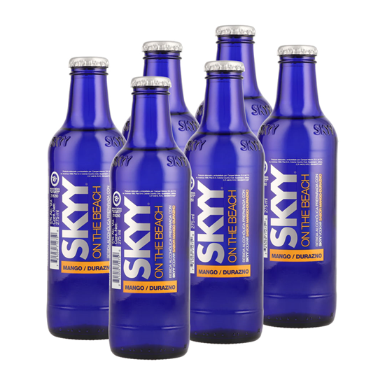 Imagen de Bebida alcohólica con vodka sabor mango durazno SKYY On The Beach caja con 24 pzas de 275ml c/u