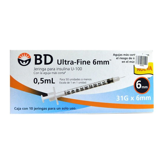 Imagen de Jeringas para insulina U-100 0,5ml (para 50 unidades) 31GX6mm BD Ultra-Fine 6mm caja con 10 piezas