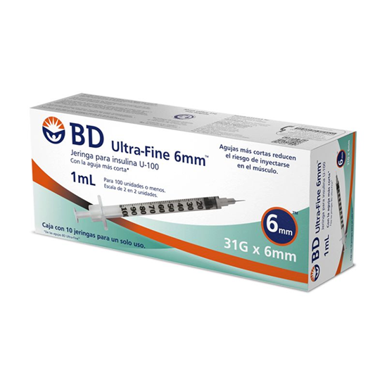 Imagen de Jeringas para insulina U-100 1ml (para 100 unidades) 31GX6mm BD Ultra-Fine 6mm caja con 10 piezas