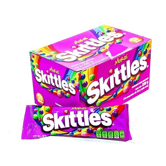 Imagen de Caramelo suave confitado sabor moras Skittles Moras caja con 10 pzas de 22g c/u (220g)