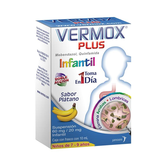 Imagen de Desparasitante oral suspensión sabor plátano para eliminar amibas y lombrices Vermox Plus Infantil (7-9 años) 10ml
