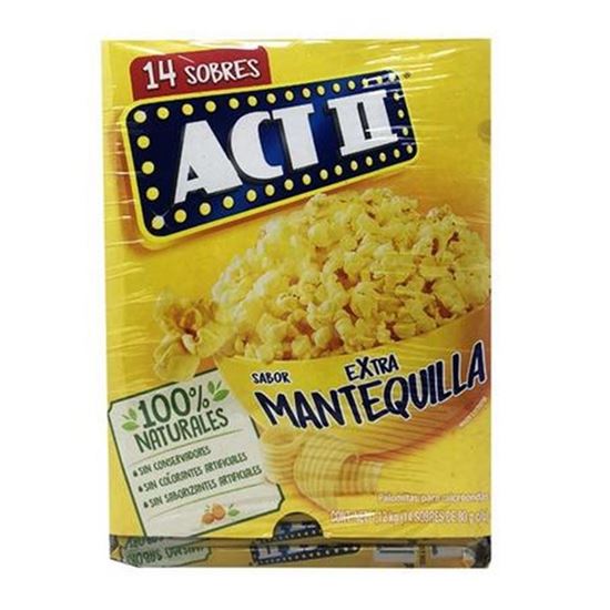 Imagen de Palomitas de maíz para microondas sabor extra mantequilla ACT II 14 sobres de 80g c/u (1.12kg)