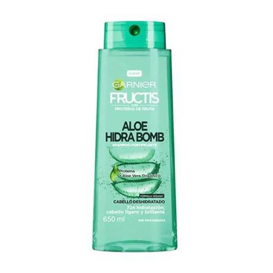 Imagen de Shampoo fortificante vegano sin parabenos para cabello deshidratado Garnier Fructis Aloe Hidra Bomb 650ml