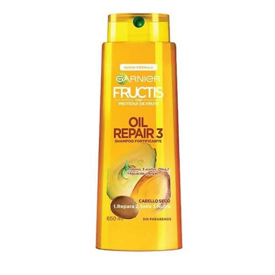 Imagen de Shampoo fortificante sin parabenos para cabello seco Garnier Fructis Oil Repair 3 650ml