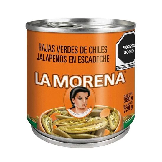 Imagen de Rajas verdes de chiles jalapeños La Morena en lata 380g