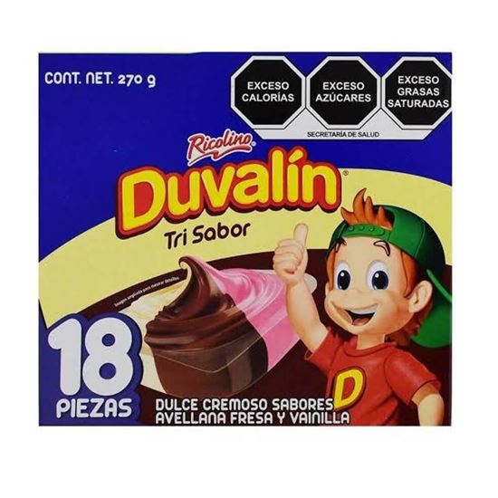 Imagen de Dulce cremoso sabores avellana, fresa y vainilla Ricolino Duvalin 18 pzas (270g)