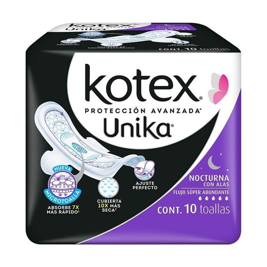 Imagen de Toallas femeninas con alas Kotex Unika Nocturna flujo súper abundante 10 pzas