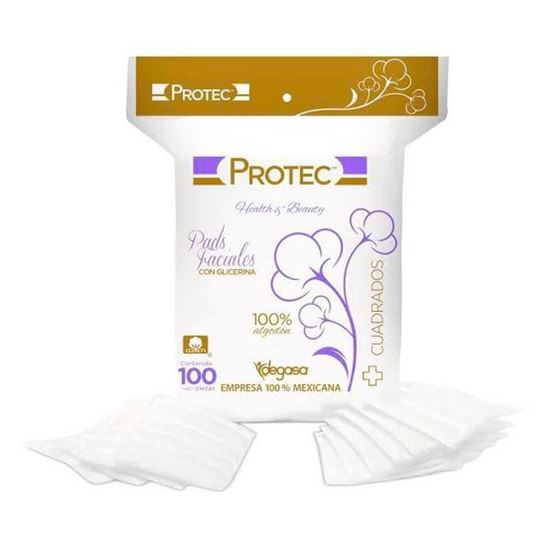 Imagen de Pads faciales cuadrados de algodón con glicerina Protec 100 pzas