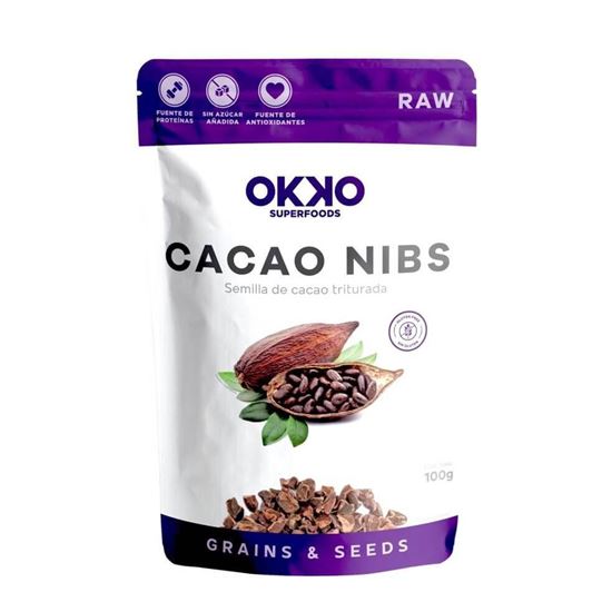 Imagen de Semilla de cacao triturada sin azúcar y sin gluten Okko Super Foods Cacao Nibs 100g