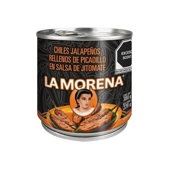 Imagen de Chiles jalapeños rellenos de picadillo en salsa de jitomate La Morena en lata 380g