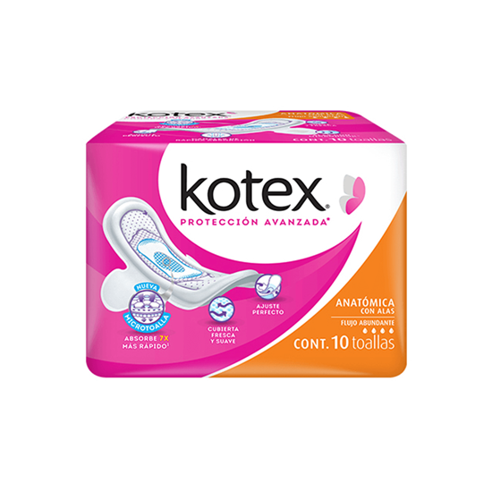 Imagen de Toallas femeninas Kotex Anatómica con alas flujo abundante 10 pzas