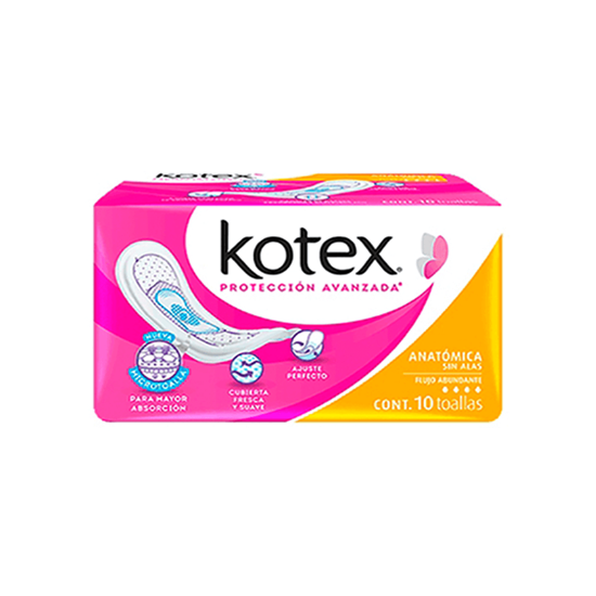Imagen de Toallas femeninas Kotex Anatómica sin alas flujo abundante 10 pzas