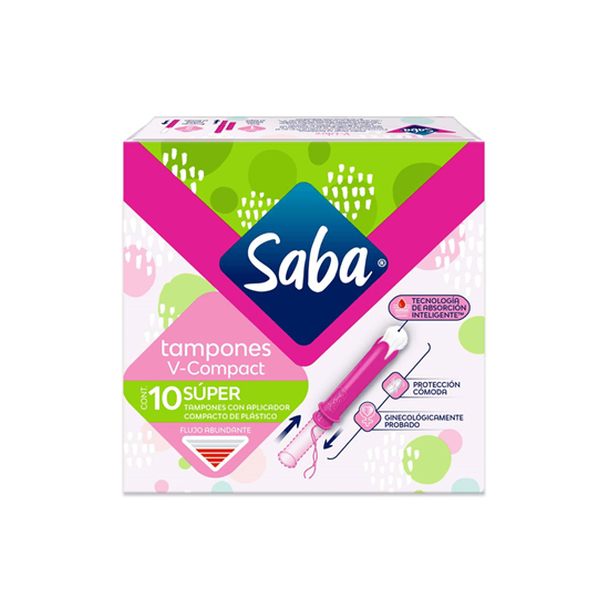 Imagen de Tampones con aplicador plástico Saba V-Compact Súper flujo abundante 10 pzas