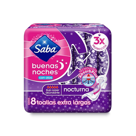 Imagen de Toallas femeninas Saba nocturnas extra largas con alas 8 toallas