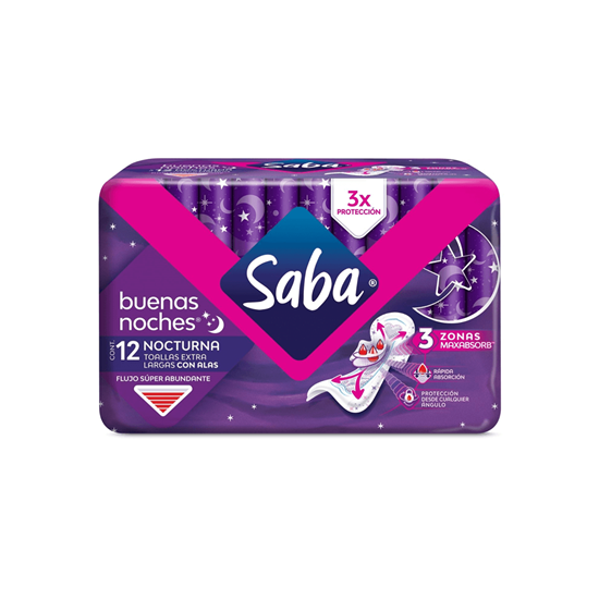 Imagen de Toallas femeninas Saba nocturnas extra largas con alas 12 toallas