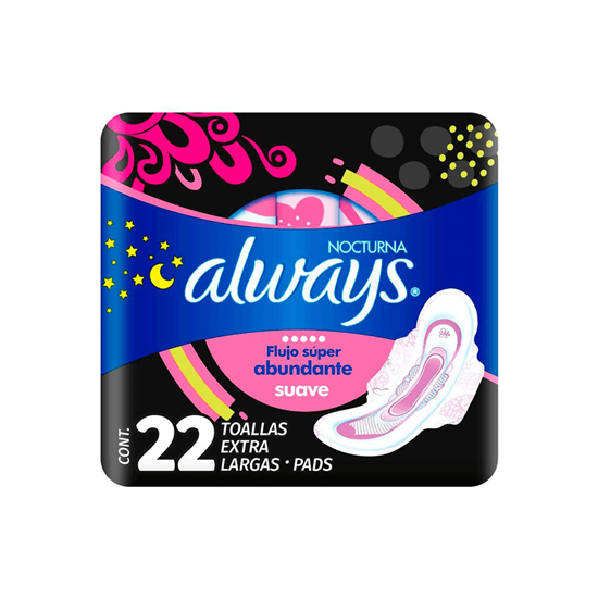 Imagen de Toallas femeninas extra largas con alas Always Nocturna Suave flujo súper abundante 22 pzas