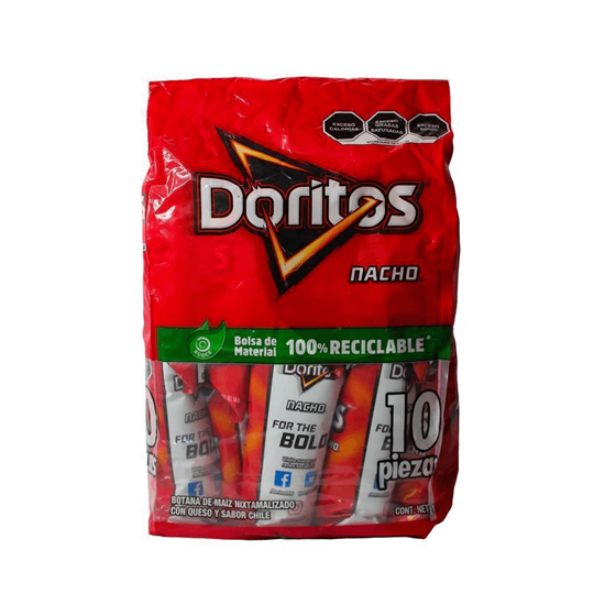 Imagen de Botana de maíz con queso y sabor chile Sabritas Doritos Nacho bolsa con 10 pzas de 54g c/u (540g)