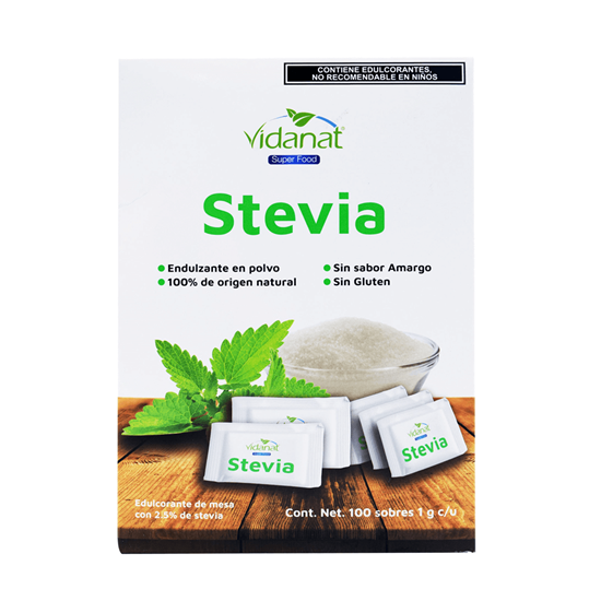 Imagen de Endulzante natural en polvo con stevia Vidanat 100 sobres de 1g c/u (100g)