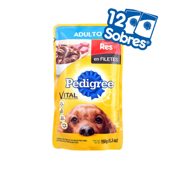 Imagen de Alimento para perro adulto Pedigree de res en filetes 12 sobres de 100g c/u