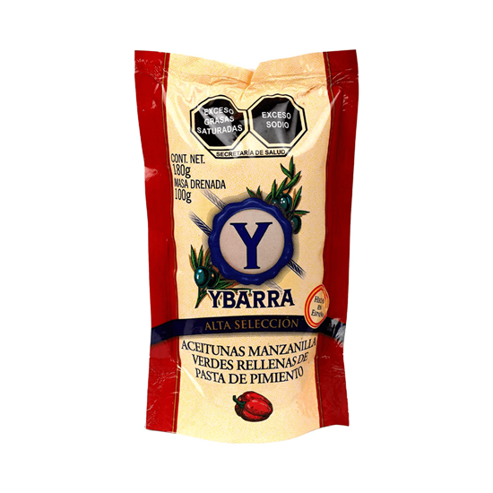 Imagen de Aceitunas manzanilla verdes rellenas de pasta de pimiento Ybarra 180g