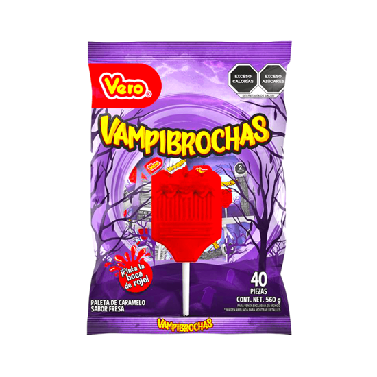 Imagen de Paletas de caramelo sabor fresa Vero Vampibrochas 40 pzas (560g)