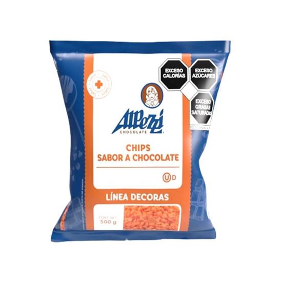Imagen de Chips sabor chocolate color naranja Alpezzi Línea Decoras 500g