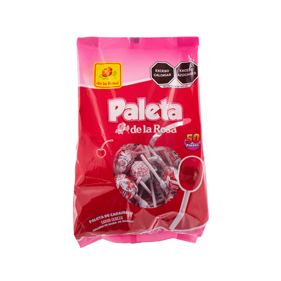 Imagen de Paleta de caramelo sabor cereza rellena de goma de mascar De la Rosa 50 pzas.