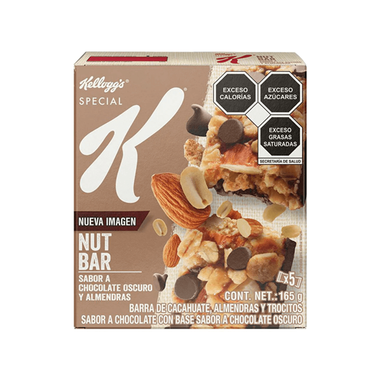 Imagen de Barra de cereal sabor a chocolate oscuro, cacahuate y almendras Kellogg's Special K Nut Bar 5 pzas (165g)