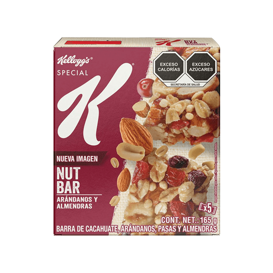 Imagen de Barra de cereal sabor a arándanos, cacahuate, pasas y almendras Kellogg's Special K Nut Bar 5 pzas (165g)