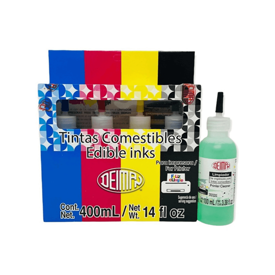 Imagen de Tintas comestibles para impresora y limpiador Deiman Edible inks caja con 4 pzas de 100ml c/u