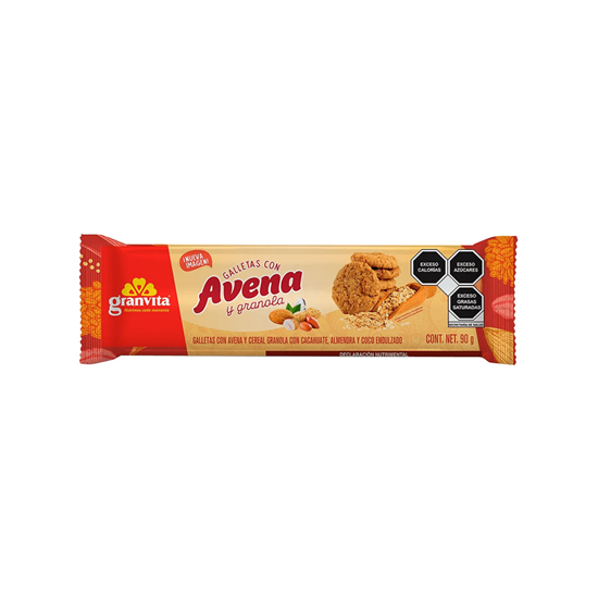 Imagen de Galletas con avena y granola (cacahuate, almendra y coco endulzado) Granvita 90g
