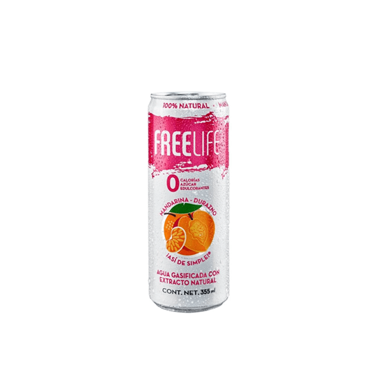 Imagen de Agua gasificada con extracto natural sabor mandarina durazno cero azúcar Freelife 355ml