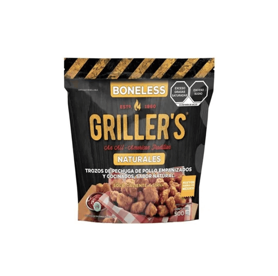 Imagen de Trozos de pechuga de pollo empanizados y cocinados Boneless sabor natural Griller's 500g