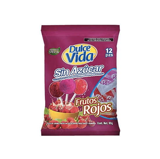 Imagen de Paleta de caramelo macizo sin azúcar sabor frutos rojos Dulce vida 12 pzas (90g)
