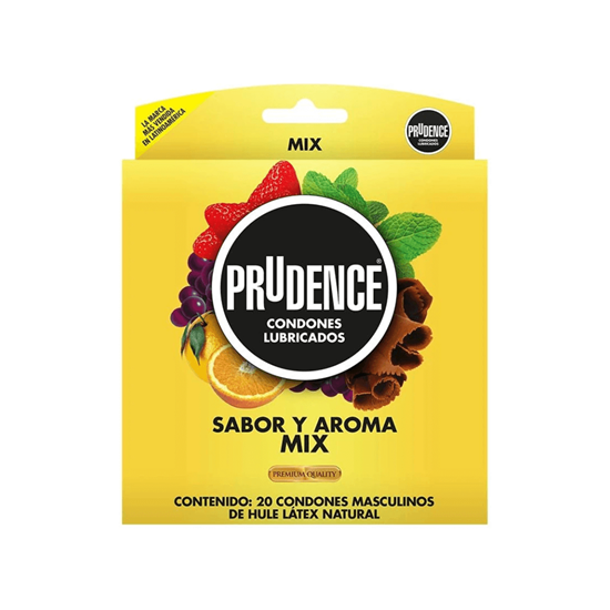 Imagen de Condones masculinos de látex lubricados sabor y aroma mix Prudence 20 pzas