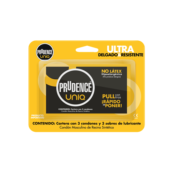 Imagen de Condones masculinos hipoalergénicos de resina sintética NO látex Prudence Uniq 3 pzas