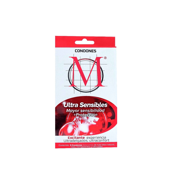 Imagen de Condones de látex lubricados ultradelgados M Ultra Sensibles 3 pzas