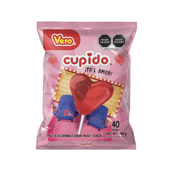 Imagen de Paleta de caramelo macizo sabor fresa-cereza Vero Cupido 40 pzas (560g)
