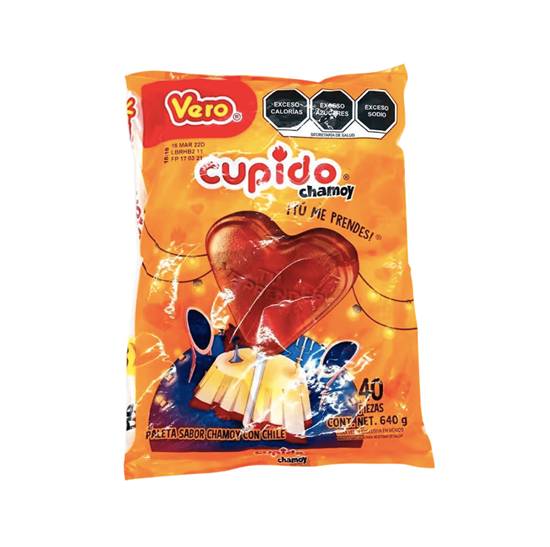 Imagen de Paleta de caramelo macizo sabor chamoy con chile Vero Cupido Chamoy 40 pzas (640g)