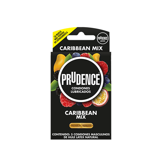 Imagen de Condones masculinos de látex lubricados con sabor y aroma Prudence Caribbean Mix 5 pzas