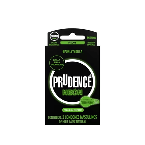 Imagen de Condones masculinos de látex lubricados que brillan en la oscuridad Prudence Neón 3 pzas