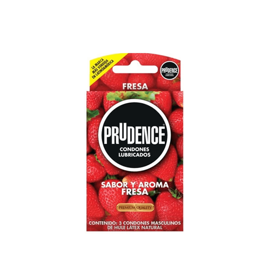 Imagen de Condones masculinos de látex lubricados sabor y aroma fresa Prudence 3 pzas